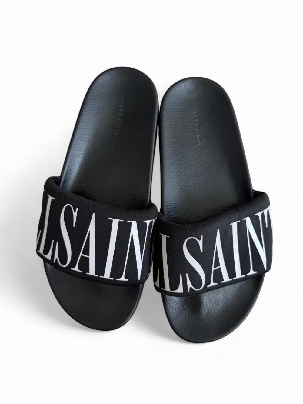 All Saints Black Slides with White Logo Strap